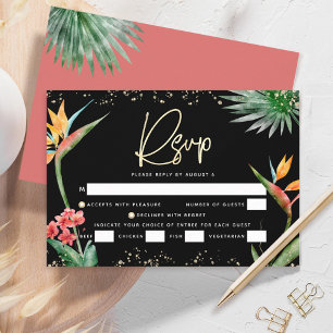 Cartão RSVP Bat Mitzvah Preto Dourado Palma Tropical Aquarela