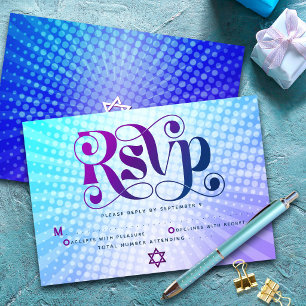Cartão RSVP Bat Mitzvah Retro Boho Azul Roxo Gradiente Ousado