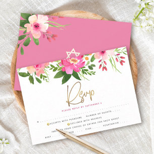 Cartão RSVP Bat Mitzvah Rosa Floral Aquarela Dourado Entrada