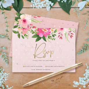 Cartão RSVP Bat Mitzvah Rosa Floral Moderno Script de Aquarela