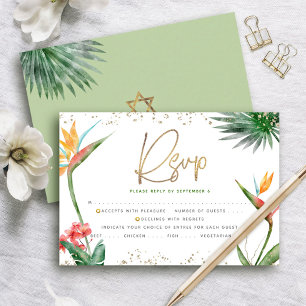 Cartão RSVP Bat Mitzvah Tropical Dourado Roteiro Palma Aquarel