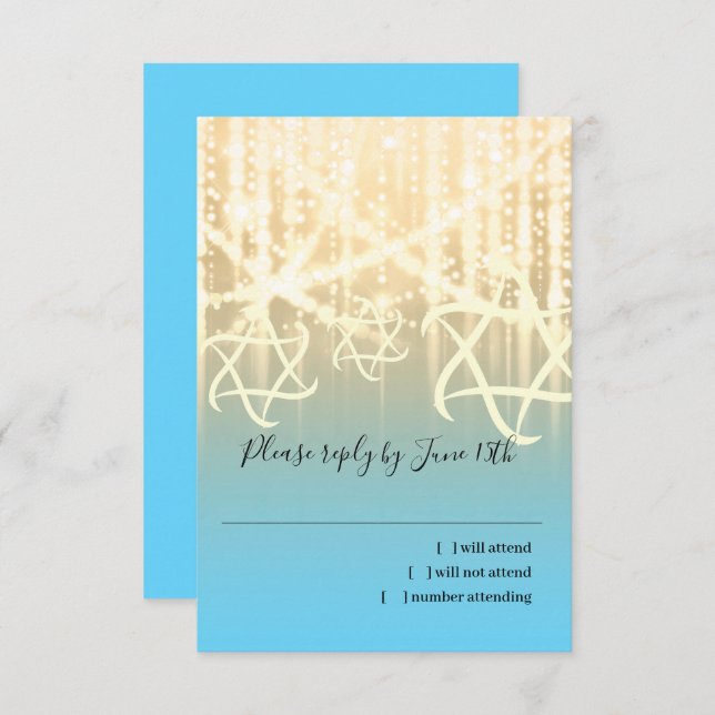 Cartão RSVP Bat Mitzvah Turquoise e Douradas Luzes Sparkly (Frente/Verso)