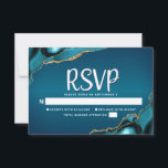Cartão RSVP Bat Mitzvah Turquoise Ombre Dourado Agate Script<br><div class="desc">Tenha orgulho, alegria e celebre este marco do seu Bat Mitzvah favorito com este cartão de inserção RSVP legal, único, moderno e personalizado para o seu evento! A tipografia de guião branca sobrepõe-se a um fundo azul-azul-turquesa profundo, com o agato azul-turquesa acentuado com veias douradas falsas. Personalize o texto personalizado...</div>