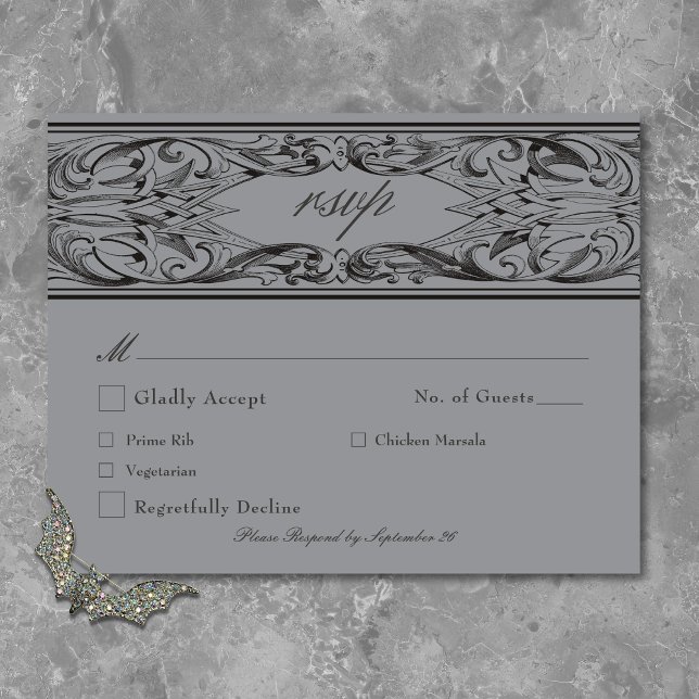 Cartão RSVP Bat Vitoriano Até Casamento de Cinzas e Negra Mort (Victorian Bat Until Death Black & Gray Wedding RSVP Card)