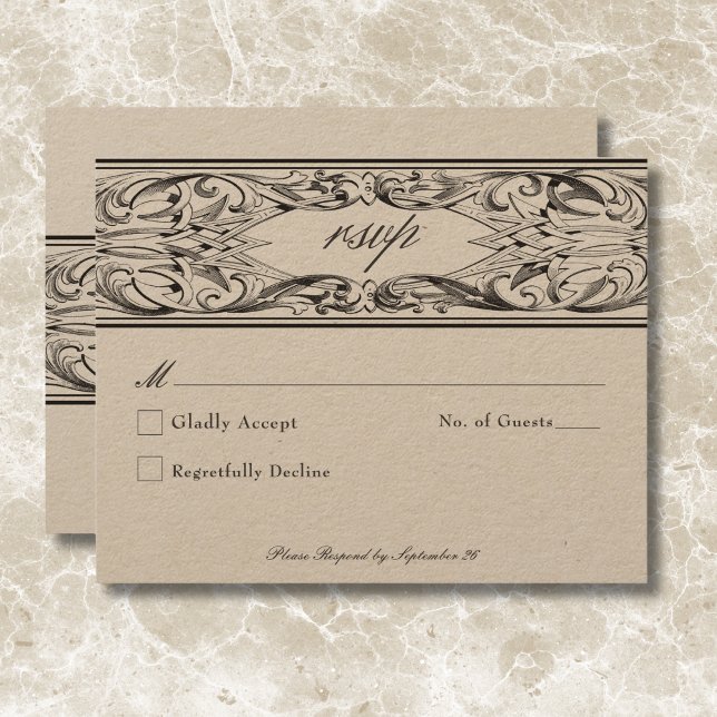 Cartão RSVP Bat Vitoriano Até Casamento Negro e Tan Mortal (Victorian Bat Until Death Black & Tan Wedding RSVP Card)