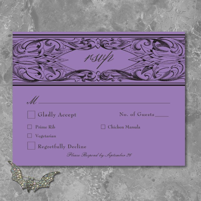 Cartão RSVP Bat Vitoriano Até Casamento Preto e Roxo da Morte (Victorian Bat Until Death Black & Purple Wedding RSVP Card)