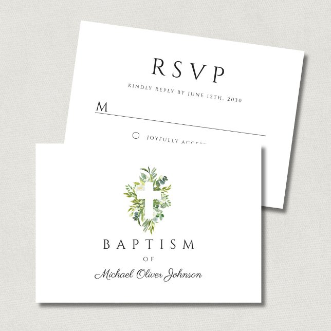 Cartão RSVP Batismo Botânico Religioso Cruzado Elegante (Elegant Religious Cross Green Botanical Baptism RSVP Card)