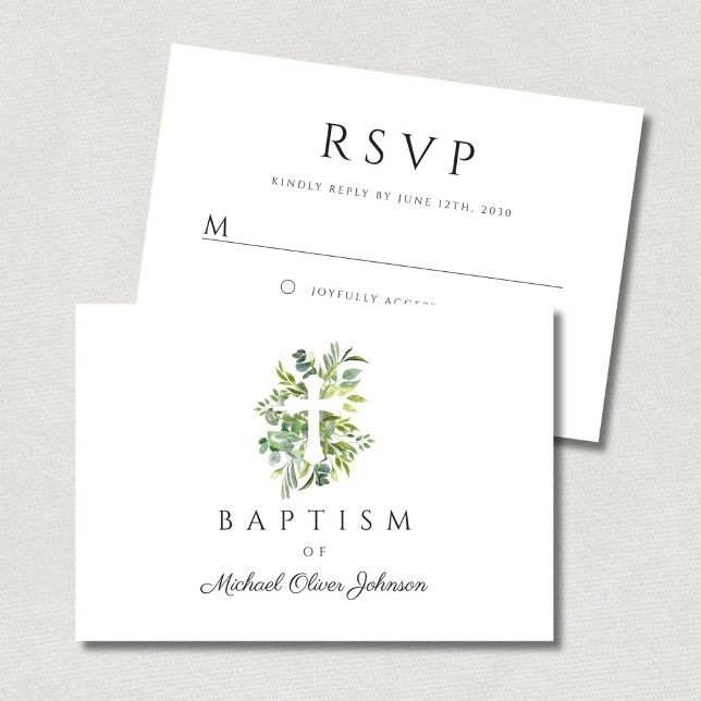 Cartão RSVP Batismo Botânico Religioso Elegante (Elegant Botanical Religious Cross Baptism RSVP Card)