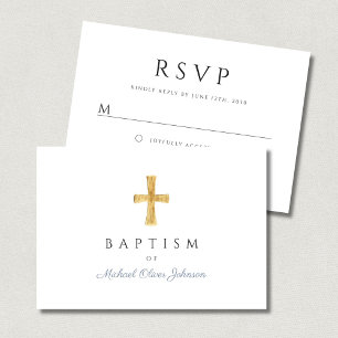Cartão RSVP Batismo de Menino Cruzado com Script Azul Moderno 