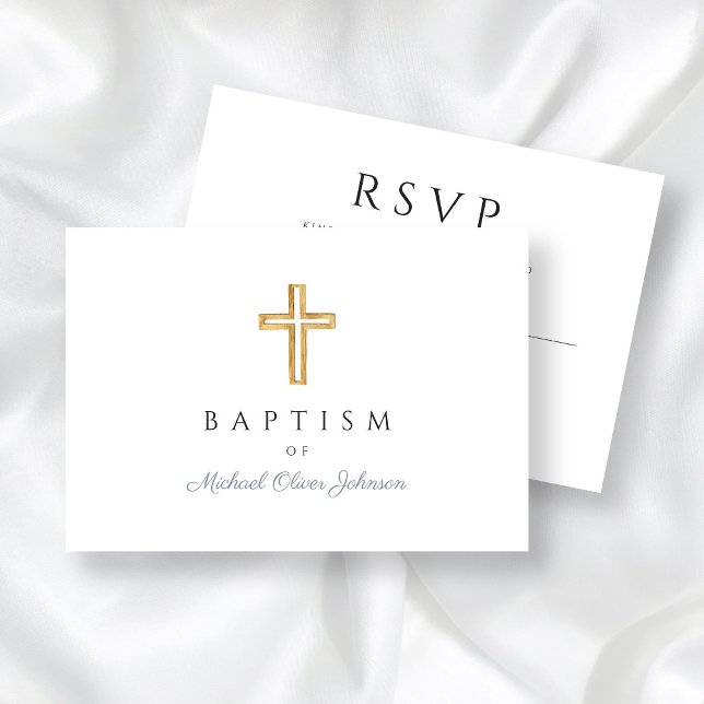 Cartão RSVP Batismo Elegante, Azul, Religioso (Elegant Dusty Blue Religious Cross Boy Baptism RSVP Card)