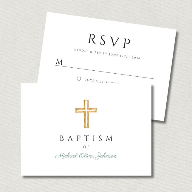 Cartão RSVP Batismo Elegante de Menino Verde (Elegant Green Script Boy Baptism RSVP Card)