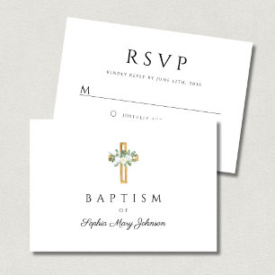 Cartão RSVP Batismo Floral Cruzado Religioso Elegante
