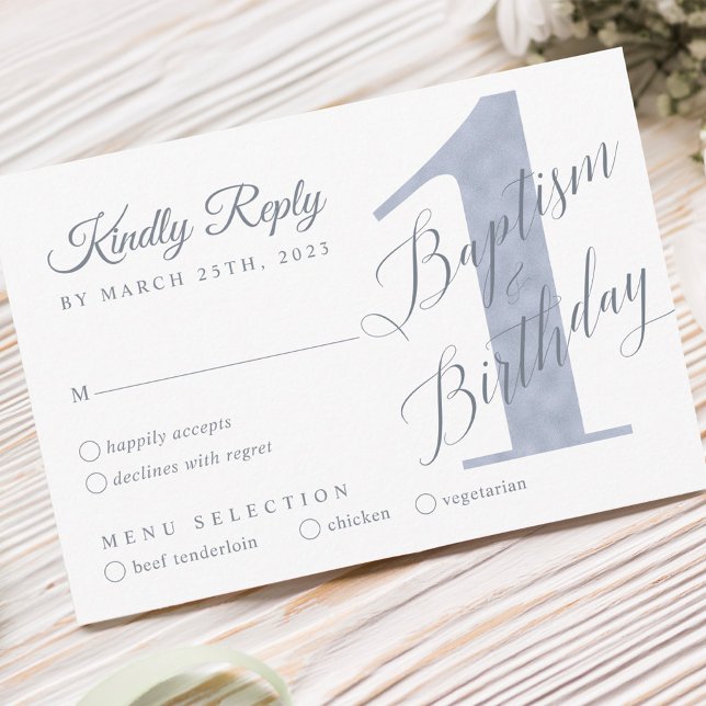 Cartão RSVP Batismo primeiro aniversario de Violet Baby, Scrip (Elegant Script Violet Baby's 1st Birthday Baptism RSVP Card)