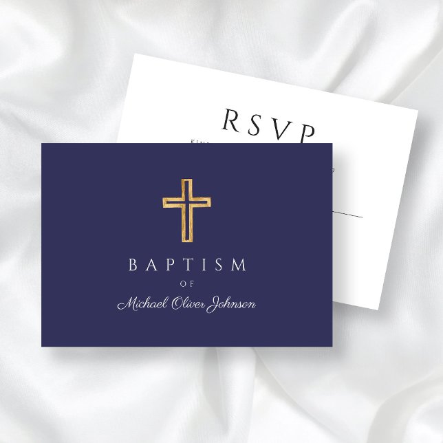 Cartão RSVP Batismo religioso azul-Marinho moderno (Modern Navy Blue Religious Cross Boy Baptism RSVP Card)