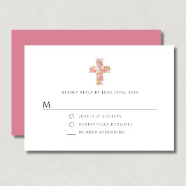 Cartão RSVP Batismo religioso Elegante Rosa Rosa Rosa
