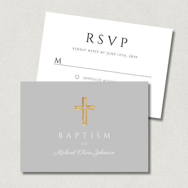 Cartão RSVP Batismo religioso por Script Elegante (Elegant Script Religious Cross Baptism RSVP Card)