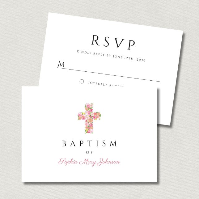 Cartão RSVP Batismo religioso religioso Floral Rosa Cruzada El (Elegant Religious Floral Pink Cross Girl Baptism RSVP Card)