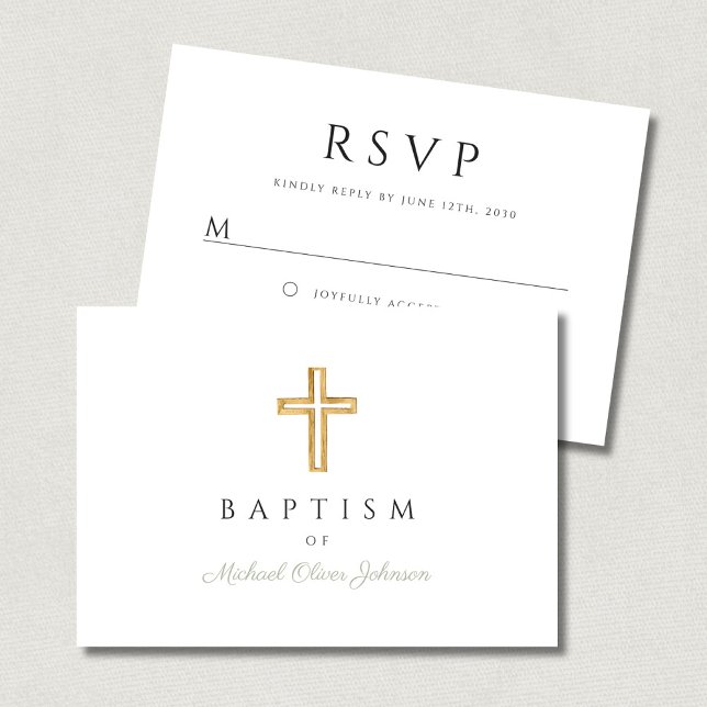 Cartão RSVP Batismo religioso religioso verde do sábio elegant (Elegant Sage Green Religious Cross Boy Baptism RSVP Card)
