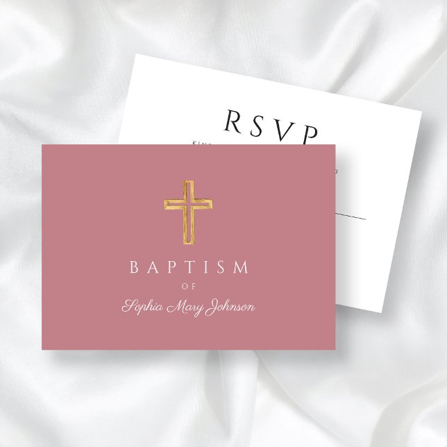 Cartão RSVP Batismo religioso Rosa Elegante (Dusty Pink Religious Wood Cross Girl Baptism RSVP Card)