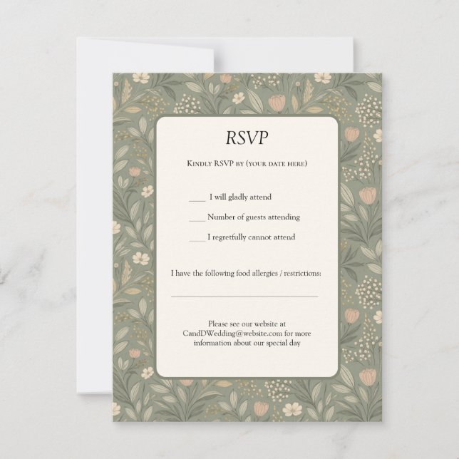 Cartão RSVP Beautiful Soft Flowers on Sage Green Muted Earthy (Frente)