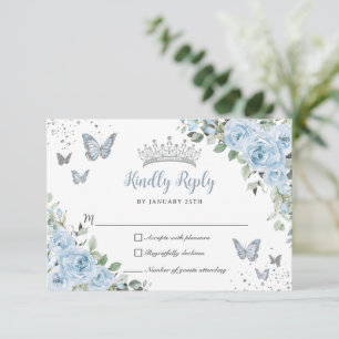 Cartão RSVP Bebê Azul Borboletas Florais Silver Quinceañera