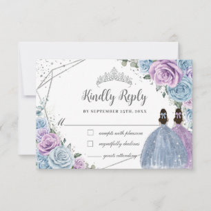 Cartão RSVP Bebê Azul Roxo Gêmeas Florais Lilases Quinceañera