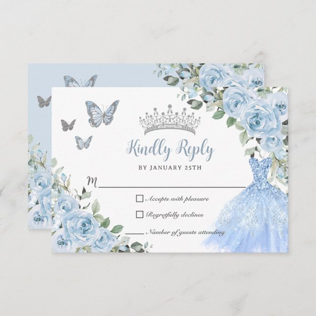 Cartão RSVP Bebê Blue Floral Princesa Vestido Prata Quinceañer (Frente/Verso)