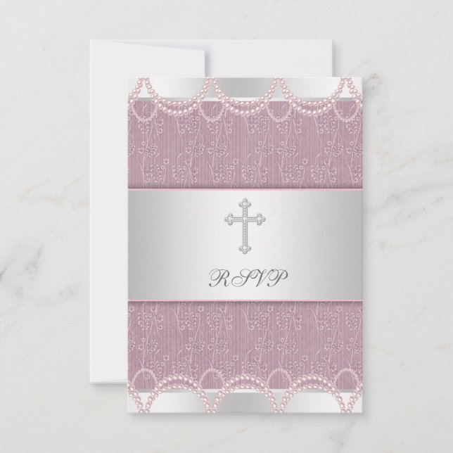 Cartão RSVP Bebê Rosa Cruzada Rosa Batismo Christening RSV (Frente)