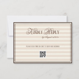 Cartão RSVP Beige Mocca Striped Old Money Wedding QR code