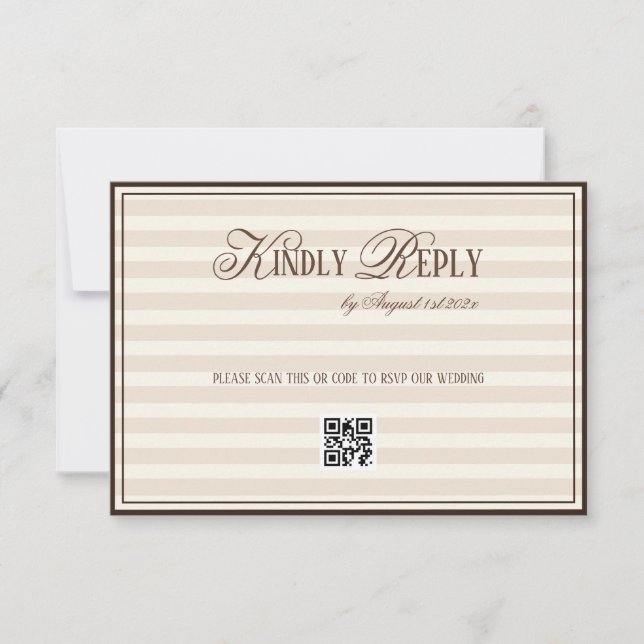 Cartão RSVP Beige Mocca Striped Old Money Wedding QR code (Frente)