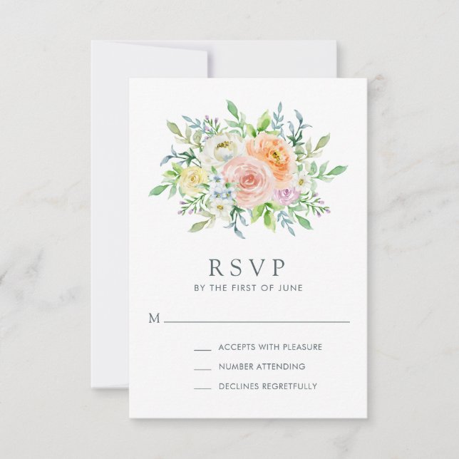 Cartão RSVP Belo Buquê Floral de Aquarela em Tons Pastéis para (Frente)