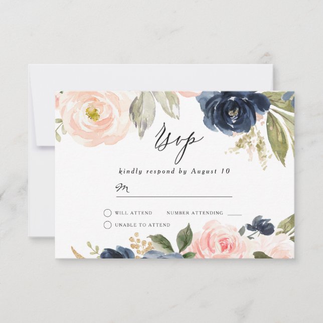 Cartão RSVP Belo Casamento de Mola Floral de Blush e Marinho (Frente)