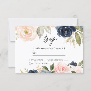 Cartão RSVP Belo Casamento de Mola Floral de Blush e Marinho