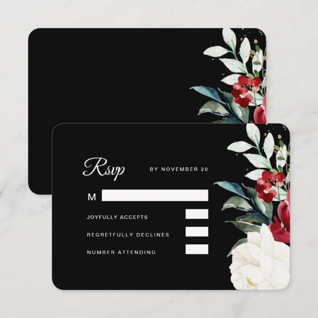 Cartão RSVP Belo Casamento de Natal Floral Negro (Frente/Verso)