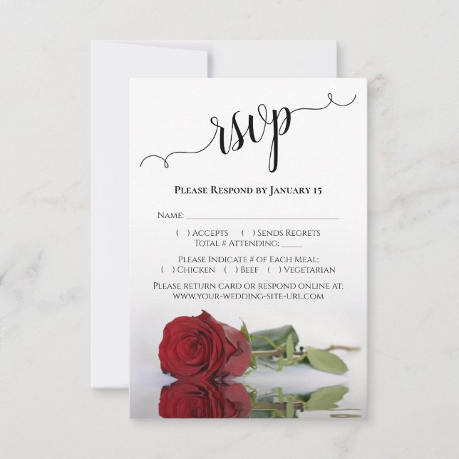 Cartão RSVP Belo Casamento de Rosas vermelhas Refletindo (Frente)
