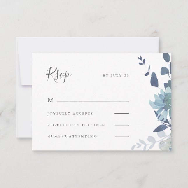 Cartão RSVP Belo Casamento Floral de Cor Azul (Frente)