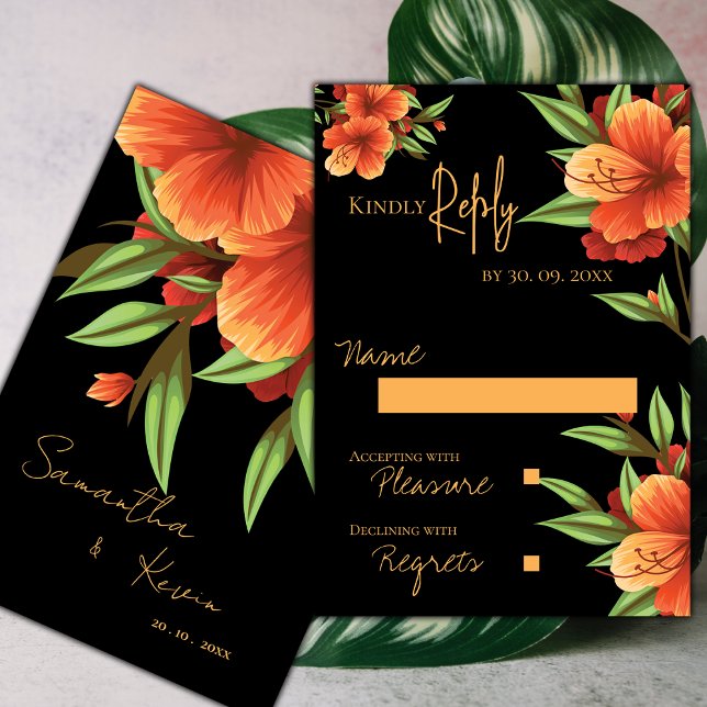 Cartão RSVP Belo Casamento Floral Laranja Bonito Escuro Moody (Beautiful Pretty Dark Moody Orange Floral Wedding RSVP Card)