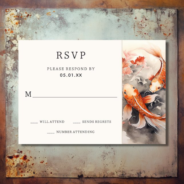Cartão RSVP Belo Casamento Japonês de Peixe-Koi Laranja Beige (Front - Beautiful Japanese Koi Fish Orange Beige Wedding RSVP Card)