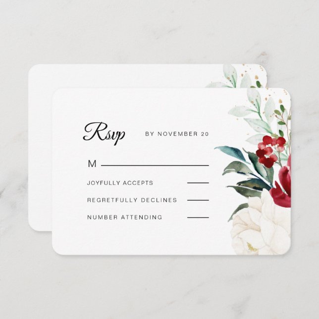 Cartão RSVP Belos Flores com Casamento de Natal Verde (Frente/Verso)