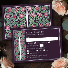 Cartão RSVP Berbigão Prata Espada Floral Medieval Casamento RS