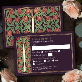 Cartão RSVP Berinjela Dourada Floral Medieval Espada Casamento