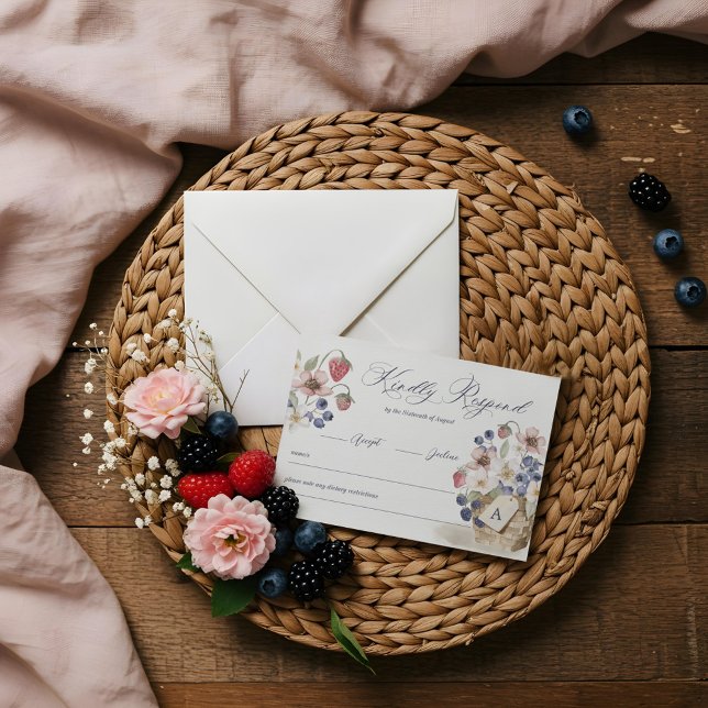 Cartão RSVP Berry Sweet Floral & Berry Basket Chá de fraldas (Berry Sweet Floral & Berry Basket Baby Shower RSVP Card)