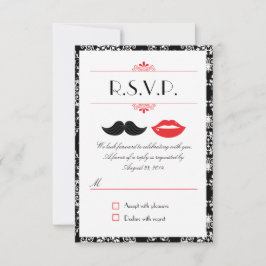Cartão RSVP Bigode e Lábios Vermelho, Preto & Branco Damask RS