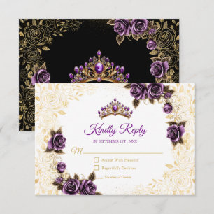 Cartão RSVP Black and Purple Golden Tiara Roses Quinceañera