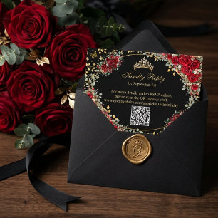 Cartão RSVP Black and Red Golden Butterfly Quinceañera