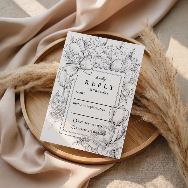 Cartão RSVP Black and White Floral Bow Wedding (Criador carregado)