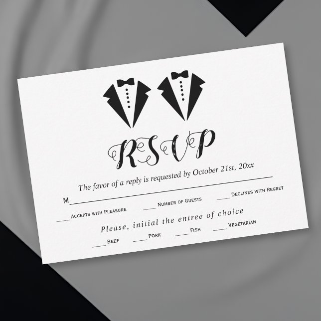Cartão RSVP Black and white tuxedo two grooms gay wedding (Criador carregado)