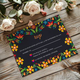 Cartão RSVP Black Floral Colorful Botanical Spanish Wedding