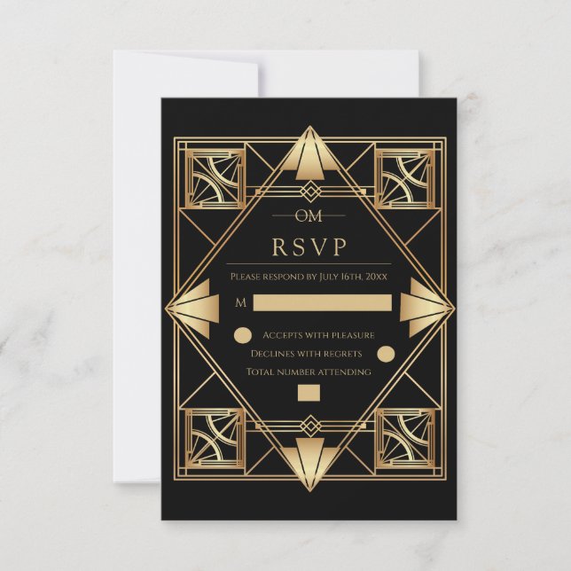 Cartão RSVP Black & Gold Art Deco Geometric Wedding  (Frente)