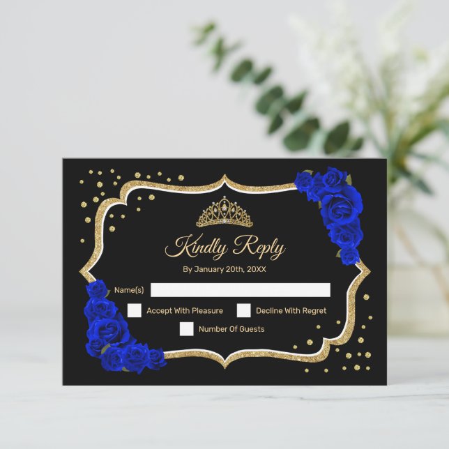 Cartão RSVP Black Gold Royal Blue Quinceanera (Em pé/Frente)